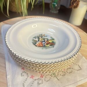 Vintage Harker Pottery "Godey Prints" Rim Soup Bowl Set - 22K Gold Trim